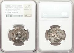 INDO-GREEK KINGDOMS. Menander I Soter (ca. 155-130 BC). AR Indic tetradrachm (9.81 gm). Diademed bust right / Athena standing left, brandishing thunderbolt and shield; Σ to left and monogram to right.