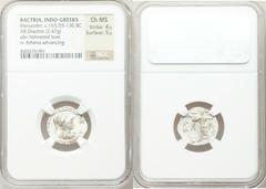 INDO-GREEK KINGDOMS. Menander I Soter (ca. 155-130 BC). AR Indic drachm (2.47 gm). Diademed and draped bust of Menander right, wearing broad-brimmed, crested helmet with bull's horn and ear / Athena A
