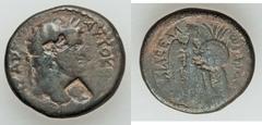 JUDAEA CAPTA. Local issues. Domitian (AD 81-96). Æ 21mm (8.37 gm). Caesarea Maritima, AD 92/3. Laureate head of Domitian right; two countermarks: (1) standing figure and (2) head right / Nike advancin