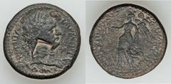 10th Fretensis Roman Legion. Countermark on Judaea Capta issue of Domitian (AD 81-96). Æ 22mm (9.06 gm).  Caesarea Maritima, AD 92-3. Laureate head of Domitian right, rectangular countermark of male h