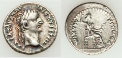 Tiberius (AD 14-37). AR denarius (3.64 gm).  Lugdunum, AD 18-35. Laureate head of Tiberius right / Livia (as Pax), holding scepter in right hand and olive branch in left, seated right on chair, feet o