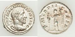 Maximinus I Thrax (AD 235-238). Lot of two (2) AR denarii.  Both laureate, draped and cuirassed bust right. Reverses: (1) Salus seated left, holding patera to feed serpent (RIC 14, RSC 85a)  // (2) Ma