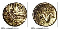 Celtic Britain, The Trinovantes, Tasciovanus, ca. 20-25 A.D., AV stater (5.44 g), Two stylized crescents/Horse galloping right; stylized bucranium above, Van Arsdell 1680-1, BMC 1591, XF. High gold co