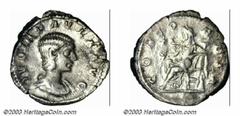 Julia Paula, 219-220 A.D., AR denarius (2.92 g), Draped bust right/Concordia seated left holding patera, cornucopia, RIC 211, VF. Scarce coin issued in the name of Elagabalus's first wife.