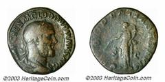 Pupienus, 238 A.D., AE sestertius (21.12 g), Laureate, draped and cuirassed bust right/Concordia, standing left, holding corn-ears, cornucopia, RIC 17, AVF. Dark brown patina and a good portrait make 