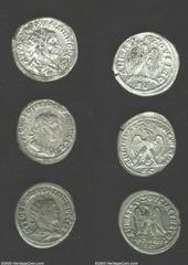 Roman Antioch Silver Coins, Philip I, tetradrachm, VF; Trebonianus Gallus, tetradrachm, VF, Philip II, tetradrachm, XF. Three nice tetradrachms that would add to any collection of Roman Provincial and