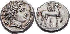SICULO-PUNIC. Entella. Ca. 350-320/15 BC. AR tetradrachm (25mm, 17.16 gm, 3h).  Anepigraphic type. Head of Arethusa/Persephone right, wearing barley-ear wreath, triple-pendant earring, and necklace; p