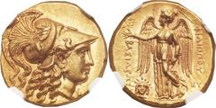 MACEDONIAN KINGDOM. Philip III Arrhidaeus (323-317 BC). AV stater (19mm, 8.54 gm, 11h).  Babylon, circa 323-318/7 BC. Head of Athena right, wearing crested Corinthian helmet decorated with leaping gri