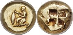 MYSIA. Cyzicus. Ca. 500-450 BC. EL stater (20mm, 16.50 gm). Nude youth kneeling left, holding in his right hand a tunny fish by the tail / Quadripartite incuse square. Von Fritze I 112. Boston MFA 148