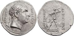 GRECO-BACTRIAN KINGDOM. Agathocles (ca. 185-170 BC). AR tetradrachm (35mm, 16.24 gm, 12h).  "Pedigree issue" commemorating Diodotus I (portrait) and Antiochus II(?) (name and titles). ANTIOXOY NIKATOP