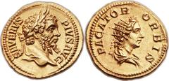 Septimius Severus (AD 193-211). AV aureus (20mm, 6.89 gm, 6h). Rome, ca. AD 202-210. SEVERVS PIVS AVG, laureate head of Septimius Severus right / PACATOR ORBIS, radiate and draped bust of Sol right. R