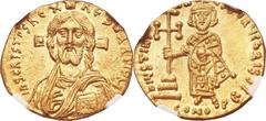 Justinian II, first reign (AD 685-695). AV solidus (20mm, 4.43 gm, 6h). Constantinople, 5th officina, AD 692-695.IhS CRISΤDS RЄX RЄςNANΤIЧM, facing half-length bust of Christ Pantocrator, raising righ
