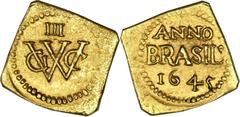 Pernambuco. Dutch Colony gold 3 Florin (60 Stuivers) Brazilian Ducat 1645 Choice XF, KM5.1, Russo-001. An incredible rarity, the entire issue of 1645 were struck from the same pair of dies; all the le