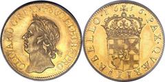 Cromwell gold Broad of 20 Shillings 1656 MS61 PCGS, S-3225, WR-39 (R2). Reeded edge. A pleasing example of England's first milled or machine-made gold piece, engraved by Thomas Simon and struck by Pie