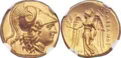 MACEDONIAN KINGDOM. Alexander III the Great (336-323 BC). AV stater (18mm, 8.56 gm, 7h).  Early posthumous issue of Sidon, dated RY 13 of Abdalonymus (321/0 BC). Helmeted head of Athena right, helmete