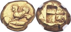 MYSIA. Cyzicus. Ca. 550-450 BC. EL stater (18mm, 16.12 gm). Crouching sphinx left; below, tunny fish left / Quadripartite incuse square. Von Fritze I 72. Very rare. NGC XF 4/5 - 4/5. From The Lexingto