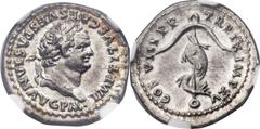 Titus (AD 79-81). AR denarius (19mm, 3.52 gm, 2h).   Rome, AD 80. IMP TITVS CAES VESPASIAN AVG P M, laureate head of Titus right / TR P IX IMP XV COS VIII P P, dolphin coiled around anchor. RIC 112. B