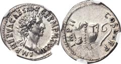 Nerva (AD 96-98). AR denarius (18mm, 3.53 gm, 2h).  Rome, January AD 98. IMP NERVA CAES AVG P M TR POT II, laureate head of Nerva right / IMP II COS IIII P P, pontifical implements and augural emblems