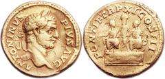 Caracalla (AD 198-217). AV aureus (20mm, 7.23 gm, 11h). Rome, AD 208. ANTONINVS PIVS AVG, laureate head of Caracalla right / PONTIF TR P XI COS III, Caracalla, laureate, and Geta, head bare, seated fa