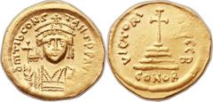 Tiberius II Constantine (AD 578-582). AV solidus (22mm, 4.49 gm, 6h). Constantinople, 2nd officina, AD 579-582. ∂m TIb CONS-TANT PP AVI, crowned and cuirassed facing bust of Tiberius Constantine, hold