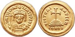 Tiberius II Constantine (AD 578-582). AV solidus (22mm, 4.42 gm, 6h). Ravenna, dated RY 8 (AD 581/2). ∂m TIb CONS-TANT PP AV, crowned and cuirassed facing bust of Tiberius Constantine, holding globus 