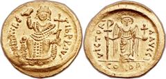 Maurice Tiberius (AD 582-602). AV solidus (21mm, 4.51 gm, 6h).  Constantinople, inaugural consular issue of AD 602. DN MAVRC TIb PP AVG, Maurice enthroned facing, crowned and wearing consular garb, ho