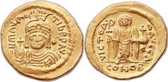 Maurice Tiberius (AD 582-602). AV lightweight solidus of 23 siliquae (22mm, 4.30 gm, 6h). Constantinople, 1st officina, AD 584-602. ∂M MAVRIC TIb P P AVI, pearl-diademed, helmeted, draped, and cuirass