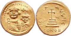 Heraclius (AD 610-641), with Heraclius Constantine (AD 613-641). AV solidus (21mm, 4.51 gm, 6h).  Constantinople, 5th officina, AD 616-625. dd NN hЄRACLIЧS Єτ hЄRA CONST P AV, crowned busts of Heracli