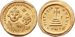 Heraclius (AD 610-641), with Heraclius Constantine (AD 613-641). AV solidus (21mm, 4.41 gm, 6h).  Constantinople, 10th officina, AD 616-625. dd NN hЄRACLIЧS Єτ hЄRA CONST P AV, crowned busts of Heracl