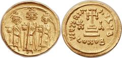 Heraclius (AD 610-641), with Heraclius Constantine (AD 613-641) and Heraclonas (AD 638-641). AV solidus (22mm, 4.45 gm, 6h).  Constantinople, 2nd officina, dated IY 11 (AD 637/8). No legend, full-leng