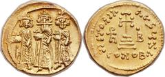 Heraclius (AD 610-641), with Heraclius Constantine (AD 613-641) and Heraclonas (AD 638-641). AV solidus (21mm, 4.46 gm, 6h).  Constantinople, 7th officina, dated IY 12 (AD 638/9). No legend, full-leng
