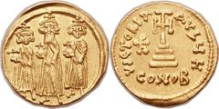 Heraclius (AD 610-641), with Heraclius Constantine (AD 613-641) and Heraclonas (AD 638-641). AV solidus (21mm, 4.43 gm, 6h).  Constantinople, 8th officina, AD 638-641. No legend, full-length ligures o