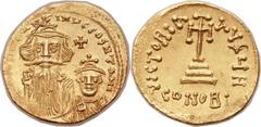 Constans II Pogonatus (AD 641-668), with Constantine IV (AD 654-685). AV solidus (20mm, 4.47 gm, 6h). Constantinople, 8th officina, AD 654-659. ∂N CONSTAN-TINЧS Є CONSTANT, crowned and draped facing b