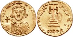 Justinian II, first reign (AD 685-695). AV solidus (20mm, 4.41 gm, 6h).  Constantinople, 3rd officina, AD 687-692. D IЧSTINIA NЧS [PЄ AVC], facing bust of Justinian, lightly bearded, wearing crown top