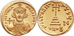 Justinian II, first reign (AD 685-695). AV solidus (20mm, 4.45 gm, 6h).  Constantinople, 7th officina, AD 687-692. D IЧSTINIA NЧS PЄ AVC, facing bust of Justinian, lightly bearded, wearing crown toppe
