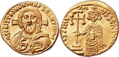 Justinian II, first reign (AD 685-695). AV solidus (20mm, 4.49 gm, 6h).  Constantinople, 9th officina, AD 692-695. IhS CRISΤDS RЄX RЄςNANΤIЧM, facing half-length bust of Christ Pantocrator, raising ri