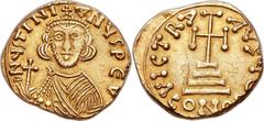 Justinian II, first reign (AD 685-695). AV solidus (20mm, 4.13 gm, 6h).  Rome. D N ЧSTINI-ANЧS PЄ V, facing bust of Justinian, lightly bearded, wearing crown topped by cross and  chlamys pinned at rig