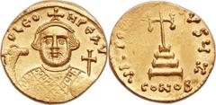 Leontius (AD 695-698). AV solidus (19mm, 4.43 gm, 6h). Constantinople, 7th officina. D LЄO-N PЄ AV, facing bust of Leontius, bearded and wearing crown with cross on circlet and Loros, holding akakia i