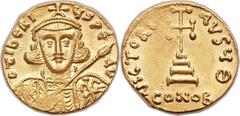 Tiberius III Apsimar (AD 698-705). AV solidus (20mm, 4.39 gm, 6h). Constantinople, 9th officina. D TIBЄRI-ЧS PЄ AV, crowned and cuirassed bust of Tiberius facing, holding spear in right hand and shiel