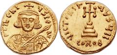 Tiberius III Apsimar (AD 698-705). AV solidus (20mm, 4.46 gm, 6h).  Constantinople. D TIBЄRI-ЧS PЄ AV, crowned and cuirassed bust of Tiberius III facing, holding spear under right arm and shield with 