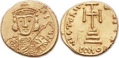 Tiberius III Apsimar (AD 698-705). AV solidus (18mm, 4.20 gm, 6h). Syracuse. [D TIBЄ]RI-ЧS ЧP, crowned and cuirassed bust of Tiberius facing, holding spear in right hand and shield with horseman motif