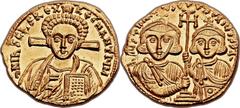 Justinian II, second reign (AD 705-711), with Tiberius. AV solidus (21mm, 4.44 gm, 6h).  Constantinople, AD 708-711. ∂N IhS ChS RЄX RЄGNANTIЧM, facing bust of Christ, with short beard and tight, curly