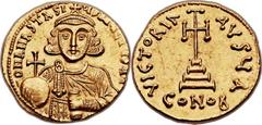 Anastasius II Artemius (AD 713-715). AV solidus (20mm, 4.46 gm, 6h).  Constantinople, 1st officina, AD 713. ANASTASI-ЧS MЧLTЧS AN, crowned bust of Antasasius facing, wearing chlamys, holding globus cr