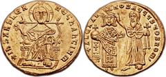 Alexander (AD 912-913). AV solidus (22mm, 4.48 gm, 6h).  Constantinople, AD 912-913. + IhS XRS RЄX RЄGhAh-TIЧM, Christ, nimbate, seated facing on lyre-backed throne, wearing pallium and colobium, exte