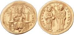 Romanus III Argyrus (1028-1034). AV histamenon nomisma (24mm, 4.37 gm, 6h).  Constantinople. +IhS XIS RЄX RЄςhANTIhM, Christ enthroned facing, raising hand in blessing and holding Gospels / ΘCЄ bOHΘ' 