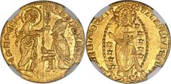 Chios. Anonymous (1343-54) gold Venetian Imitation Ducat ND MS65 NGC, Uncertain mint, Fr-38a var, Cf. Ives Pl. XIII. ΛZDRDΛZDVO DVX | SN VЄNЄTI, St. Mark standing right presenting banner to kneeling D
