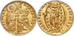 Chios. Anonymous (1343-54) gold Venetian Imitation Ducat ND MS65 PCGS, Uncertain mint, Fr-38a var, Cf. Ives Pl. XIII. ΛZDRDΛNDVO DVX | SN VЄNЄTI, St. Mark standing right presenting banner to kneeling 