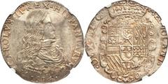 Milan. Charles II of Spain Filippo 1694 MS61 NGC, KM92, Dav-4007. Sensational for the issue with attractive luster atop golden-highlighted silvery surfaces. An as-made flan flaw is seen within Charles
