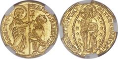 Venice. Andrea Dandolo (1343-54) gold Ducat ND MS66 NGC, Fr-1221, Paolucci-1. ANDR DANDVLO DVX | • SM • VЄNЄTI, St. Mark standing right presenting banner to kneeling Doge left / • SIT T XPЄ DAT Q' TV 