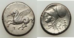 CORINTHIA. Corinth. AR stater (8.49 gm). Pegasus flying left; qoppa below / Helmeted head of Athena left; behind, Artemis advancing left, carrying torch, and I. Pegasi 451. BCD Corinth -. Lightly tone